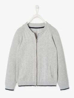 Gilet Zippé Garçon Col Teddy Maille Fantaisie Gris Chiné - Vertbaudet