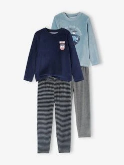Lot De 2 Pyjamas "nature" En Velours Garçon BASICS Lot Bleu Et Gris - Vertbaudet