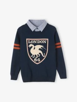 Pull Effet 2 En 1 Avec Motif Blason Flocké Garçon Navy - Vertbaudet