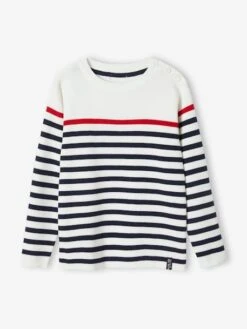 Pull Marin Garçon Sauge Rayé Marine Et Ivoire - Vertbaudet