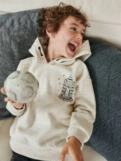 Sweat à Capuche Motif Navette Spaciale Garçon En Molleton Effet Moucheté Ecru - Vertbaudet
