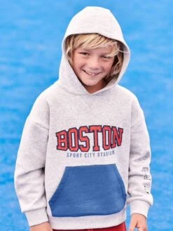 Sweat à Capuche Sport Motif Team Boston Garçon Gris Chiné - Vertbaudet