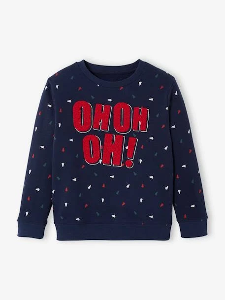 Sweat De Noël Garçon Message Ludique Bouclettes Et Motifs Sapins Marine - Vertbaudet